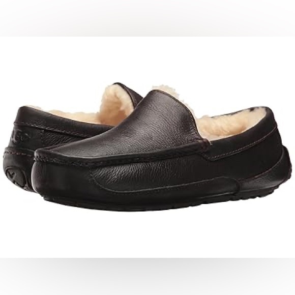 UGG Men's Ascot Brown Leather Slip-On Shearling Loafer Slipper NEW - Picture 1 of 8